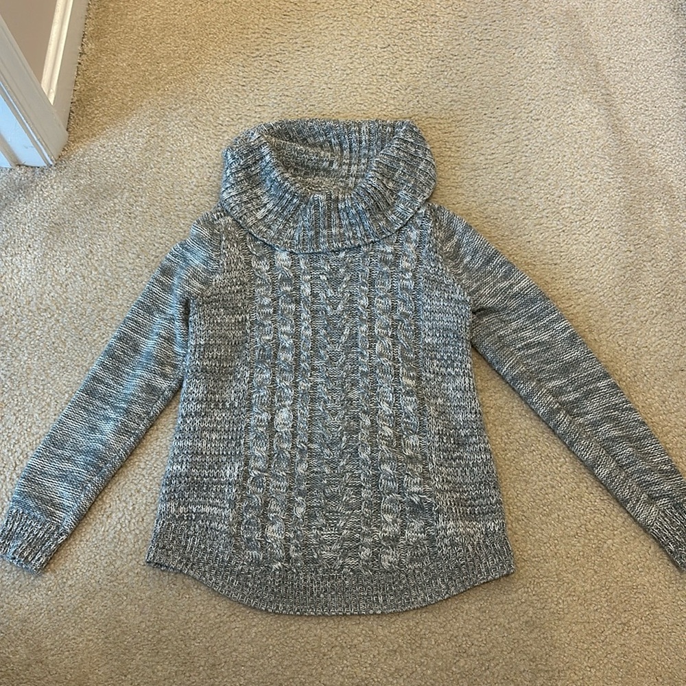 Gray and white heathered sweater with cowl neck